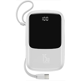 Внешний аккумулятор Baseus Qpow Digital с встроенным кабелем Type-C 10000мАч (2xUSB, Lightning, Type-C, быстрая зарядка QC, ток 3А, 15Вт) белый