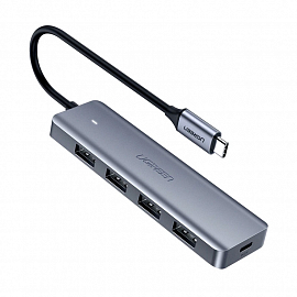 Переходник Type-C - USB 3.0 (папа - мама) с хабом на 4 порта Ugreen CM219 серый
