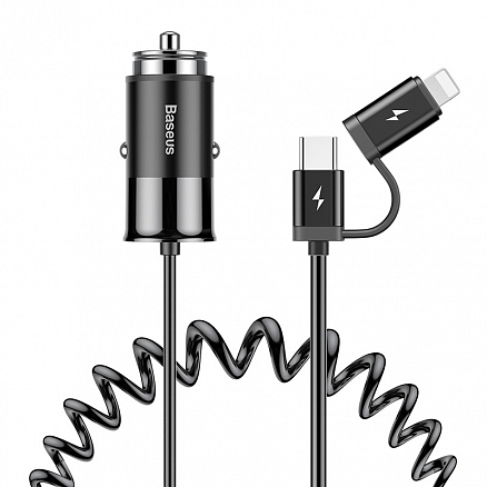 Зарядное устройство автомобильное с USB входом 4.8А и кабелем Type-C, Lightning 1,5 м Baseus Enjoy Together черное