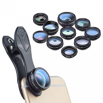 Объектив для телефона универсальный 10-в-1: Telephoto 2X, Fisheye, Wide-Angle, Macro и 6 фильтров Apexel APL-DG10