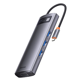 Переходник Type-C - HDMI, 3 х USB 3.0, Type-C PD, SD, microSD, VGA Baseus Gleam Series серый