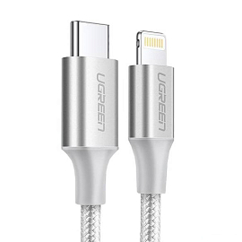 Кабель Type-C - Lightning для зарядки 1.5 м 3А MFi плетеный Ugreen US304 (быстрая зарядка PD) белый