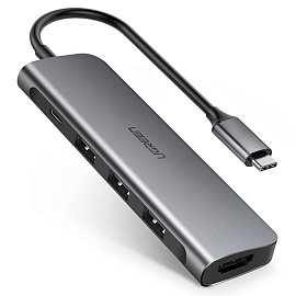 Переходник Type-C - HDMI 4K 30Hz, 3 х USB 3.0, Type-C PD 100W Ugreen CM136 серый