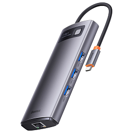 Переходник Type-C - 2 x HDMI, 3 х USB 3.0, Type-C PD, RJ45 Baseus Gleam Series серый