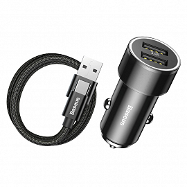 Зарядное устройство автомобильное с двумя USB входами 3.4A и Type-C кабелем Baseus Small Screw (быстрая зарядка QC 3.0) черное