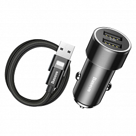 Зарядное устройство автомобильное с двумя USB входами 3.4A и Lightning кабелем Baseus Small Screw (быстрая зарядка QC 3.0) черное