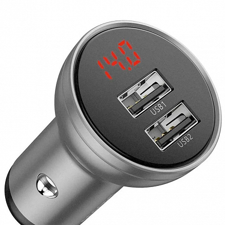 Зарядное устройство автомобильное с двумя USB входами 4.8A 24W Baseus Digital Display серебристое